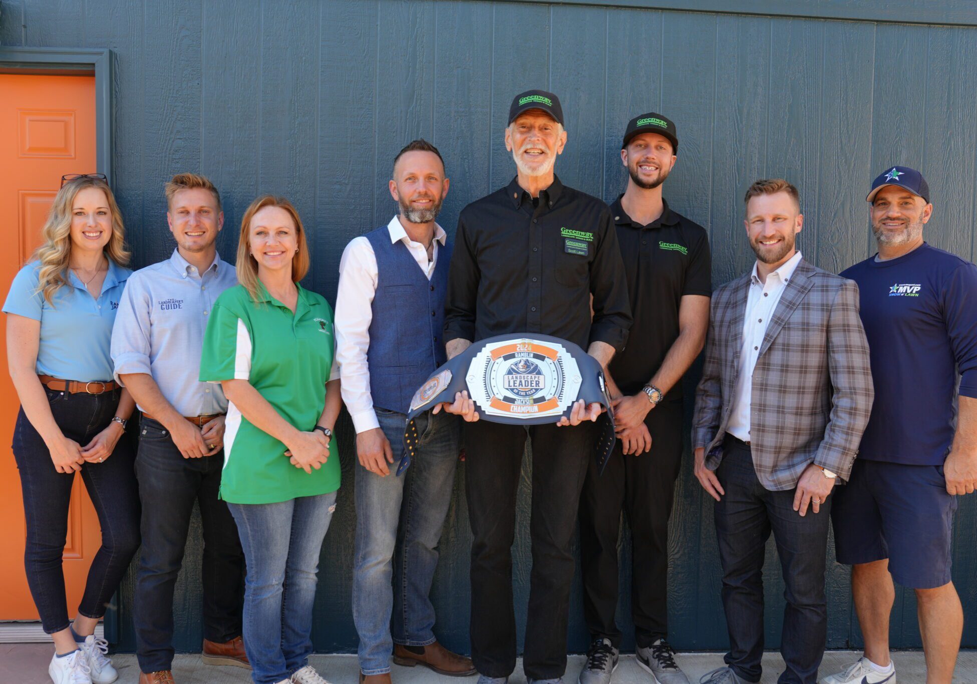 2024-10 Landscape Leader of the Year - Group photo with RJ and belt 2024-10 Landscape Leader of the Year - Group photo with RJ and belt
